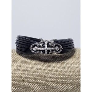 Scott Kay Sterling Silver Filigree Cross MultiStrand Black Leather Cuff Bracelet